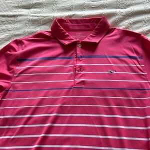 Vineyard Vines Men's Hot Pink Polo with Navy & White Stripes